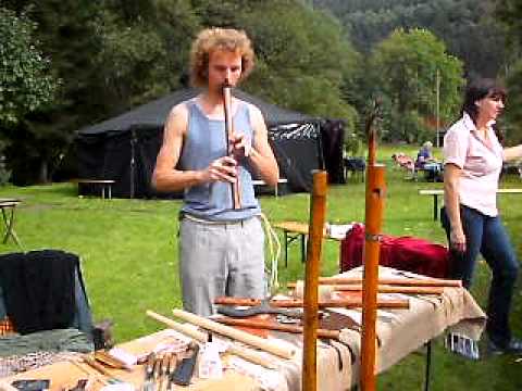 Simon demonstrating one of his handmade flutes
