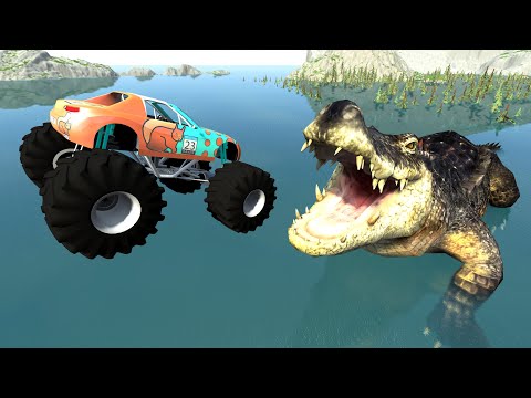 Jumping Cars over a Giant Crocodile - BeamNG.Drive