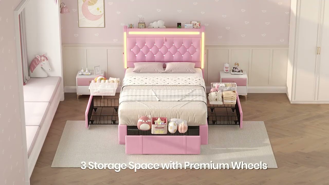 BTHFST Pink Twin Bed Frame for Girls | LED Headboard, 3 Storage Drawers & Charging Station