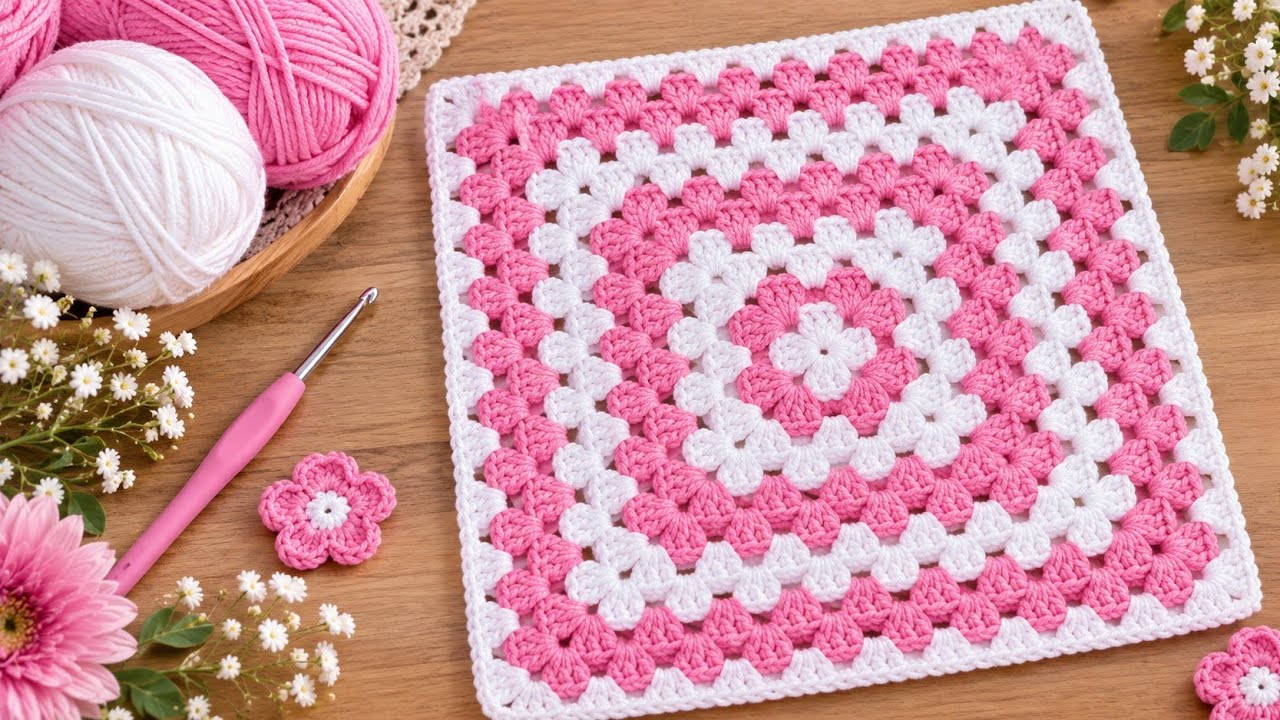 مربع كروشيه كبير وسهل لعمل جاكيت أنيقة 🧶 | شرح خطوة بخطوة