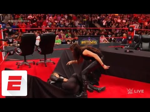Watch Stephanie McMahon Pick Up Ronda Rousey By Throat & Slam Her Thru Table