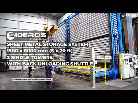 Sheet Metal Storage System | 1500x6000 mm (5x20 ft) | 2single Towers with back Unloading shuttle