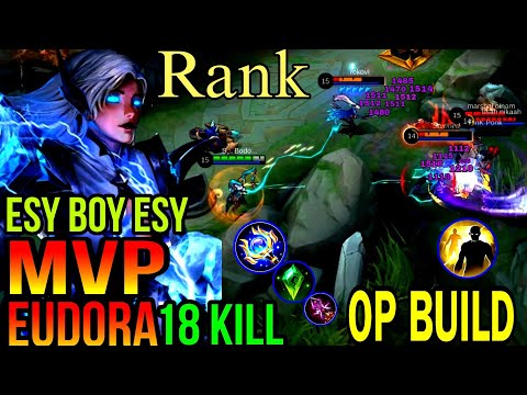 Eudora 18 kills hard game in rank | eudora 1 shot damage build | mlbb...🇮🇳...!!!
