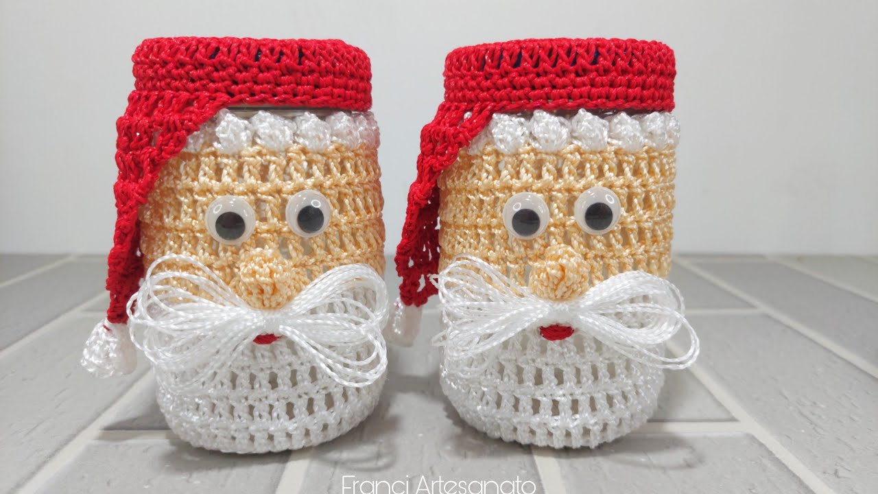 CAPA PAPAI NOEL DE CROCHÊ FEITA EM POTE DE MAIONESE 😍