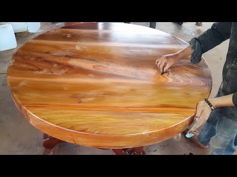 Cách xử lý vết ghép gỗ và keo AB trên mặt bàn tròn gỗ giáng hương phần 1