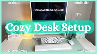 🖥️ NEW COZY DESK SETUP & TOUR 🖥️ Flexispot Comhar Standing Desk 🎧 WFH, Green, Minimalist, Aesthetic
