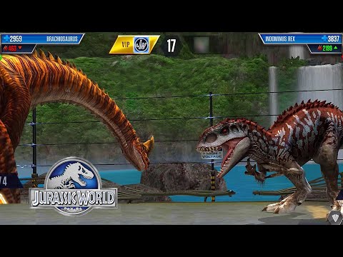 NEW MAX LEVEL BRACHIOSAURUS VS INDOMINUS REX - JURASSIC BATTLE || JURASSIC WORLD THE GAME