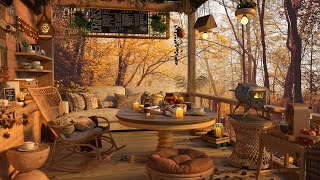 Autumn Rooftop 4K Cozy Coffee Shop ☕ with Piano Jazz Music for Relaxing, Studying and Working