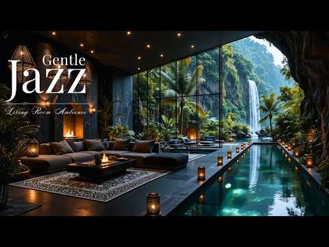 Gentle Jazz in Modern Jungle Living Room | March Jazz With Elegant Fireplace Ambience for Focus