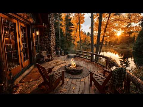 Cozy Cabin | Autumn Morning Ambience on the Porch with Campfire & Nature Sounds for Relaxing, Study