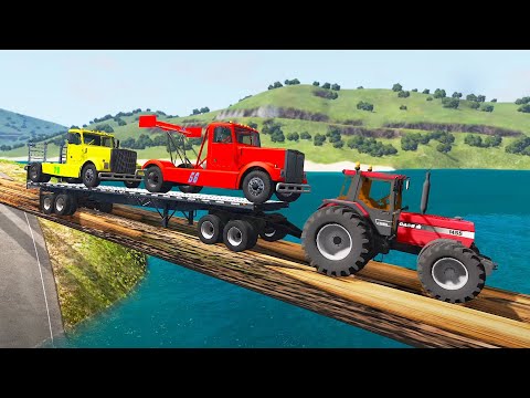 Cars, Tractor, Trucks Vs Speed Bumps Log Bridge And Deep Water - BeamNG.Drive