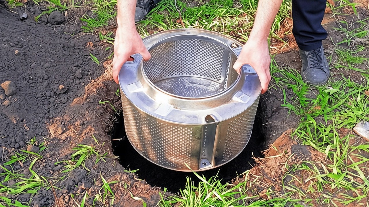 Unusual use of an old washing machine drum. Just fill it with concrete