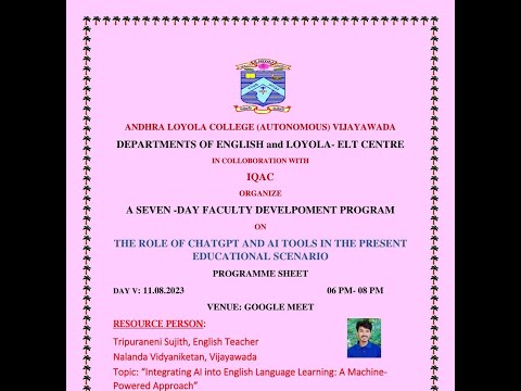 TRIPURANENI SUJITH LECTURER ON "INTEGRATING A.I INTO ENGLISH LANGUAGE LEARNING", FDP, DAY-05,DOE,ALC