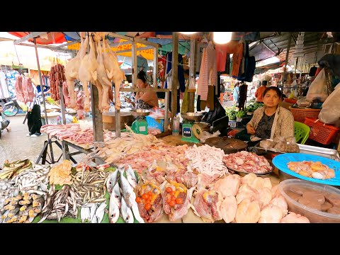 Cambodian Wet Food Market Scenes - Fresh Fish, Vegetables, Vendors, Buyers and More