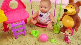 Baby doll and Marsha bear toy sand playground surprise eggs play Baby doll and Marsha bear toy sand playground surprise eggs play