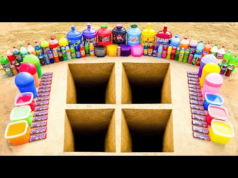 Experiment: Giant Fanta, Pepsi, Mtn Dew, Coca Cola, Balloons Soda vs Mentos in Square Pit