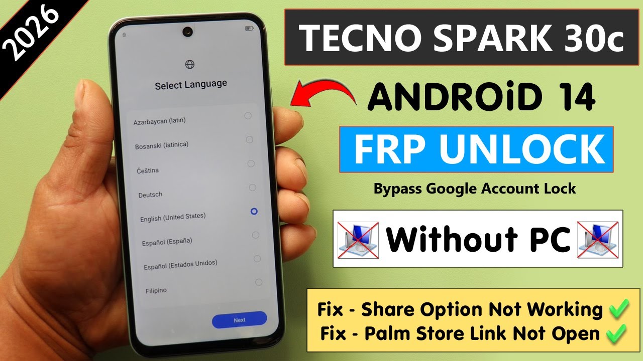Tecno Spark 30c (KL5) Frp Bypass/Unlock Android 14 Without PC - Fix Palm Store Not Working 2026
