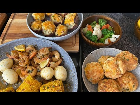 Cook With Me! GARLIC BUTTER SHRIMP, CHEDDAR BISCUITS, TWICE BAKED POTATOES, CORN, VEGGIES