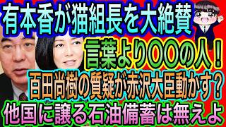 【日本保守党】有本香が猫組長を大絶賛！言葉より〇〇の人／百田尚樹の質疑が赤沢大臣動かす？石油備蓄／移民413万人！ヤバすぎる増え方