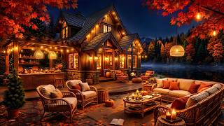 Ease thoughts & worries with Gentle Autumn Jazz 🍂 Cozy Lakeside Cabin Porch at Night