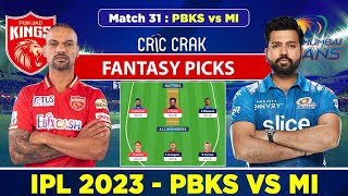 🔴Live IPL 2023: MI vs PBKS Dream11 Team Today Match | Mumbai Indians vs Punjab Kings, IPL 31st Match