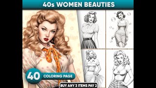 1940s Women Beauties Portrait Coloring Pages for adults, Instant Download, Grayscale Coloring Pages