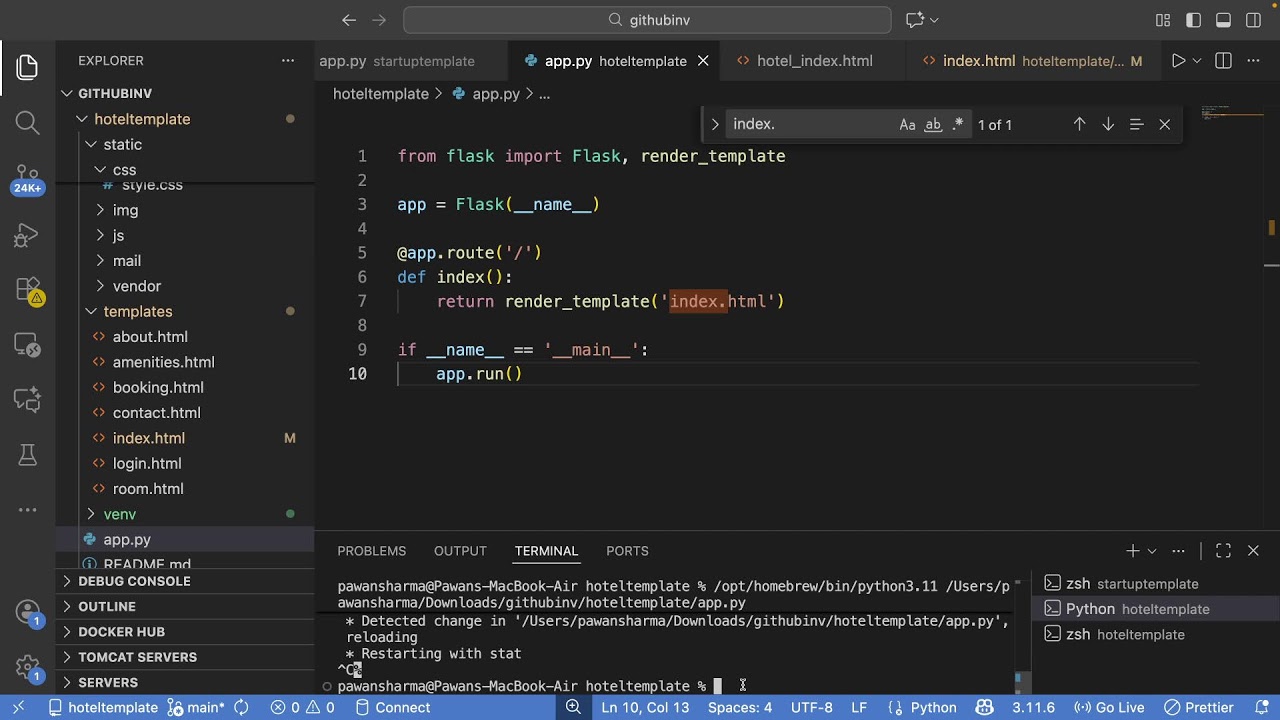 Create hotel website using html and flask, deploy on render using github
