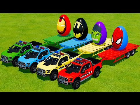LOAD AND TRANSPORT SUPER HERO EGGS WITH POLICE CARS - Farming Simulator 22