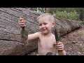 Survival Camping with 4 yr Old - Trapping, Knapping, Friction Fire & Campfire Cooking