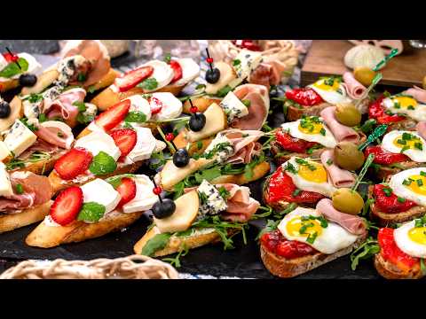 3 Tasty sandwiches with quail eggs, ham and olives. How to make appetizers for parties!