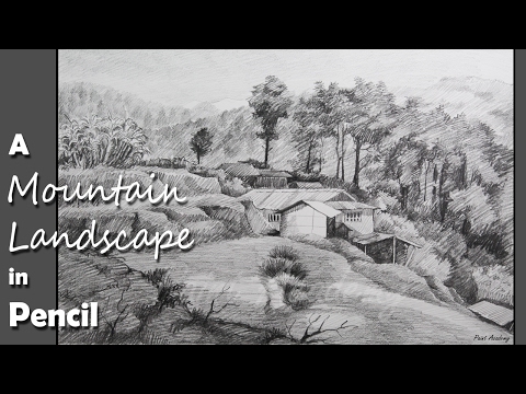 Mountains and Pine Tress Watercolor Pencil Landscape Drawing | steps to follow