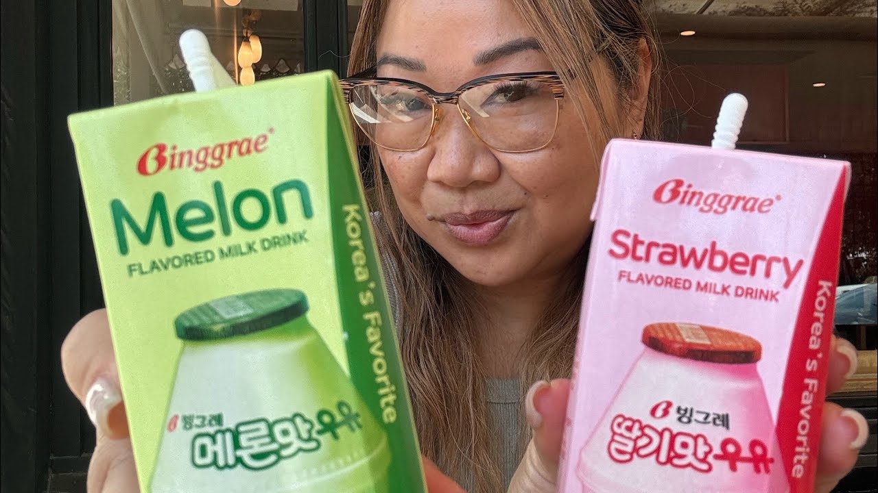 Binggrae banana milk lineup showing Zero, strawberry, and melon flavored milks in the iconic round bottles