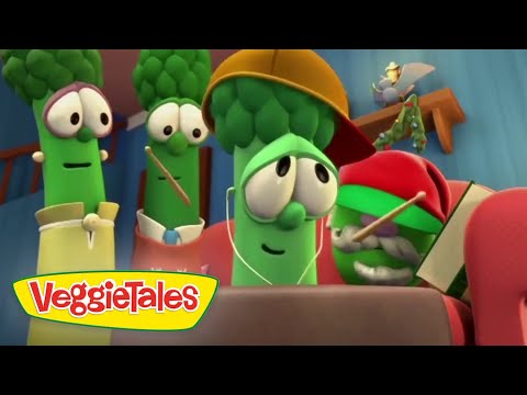 Three animated broccoli characters in clothes gaze at a laptop screen, one wearing headphones, with the VeggieTales logo in the corner.