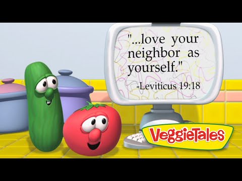 VeggieTales cucumber and tomato look at a computer screen displaying 'Love your neighbor as yourself' (Lev. 19:18).