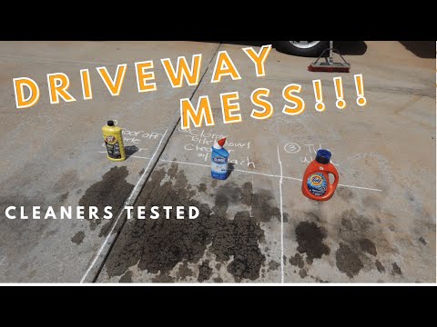 Cleaning Oil Stains from a Concrete Driveway using Goof Off, Tide and Clorox Toilet Bowl Cleaner