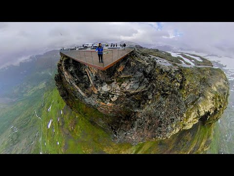 Geiranger skywalk on top of mount Dalsnibba in Norway (360° video)
