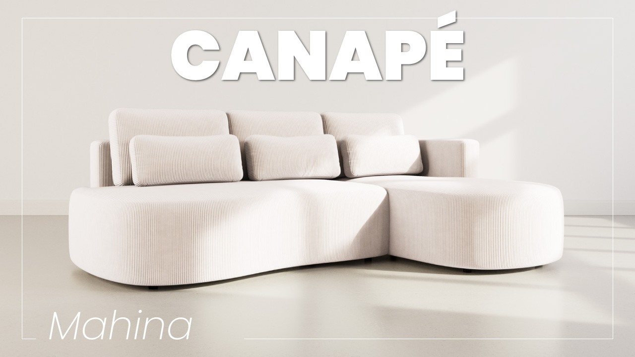 Thumbnail video of the produit Mahina - canapé d'angle droit 4 places convertible avec coffre en velours côtelé
