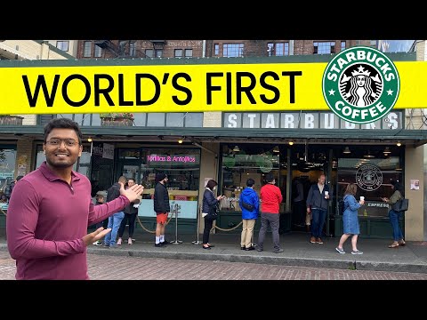 A primeira cafeteria Starbucks icônica do mundo em Seattle, EUA