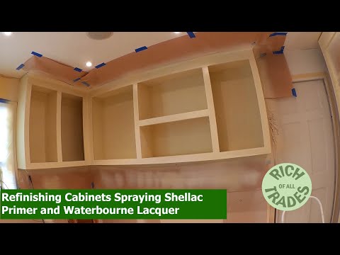 Kitchen Update 10 - Refinishing Cabinets Spraying Shellac Primer and Waterbourne Lacquer