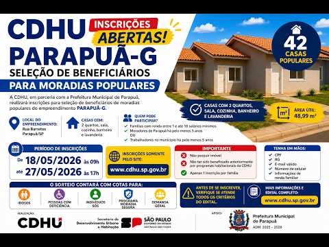 CDHU, COMO SE INSCREVER PARA O SORTEIO DAS UNIDADES HABITACIONAIS EM PARAPUÃ-SP