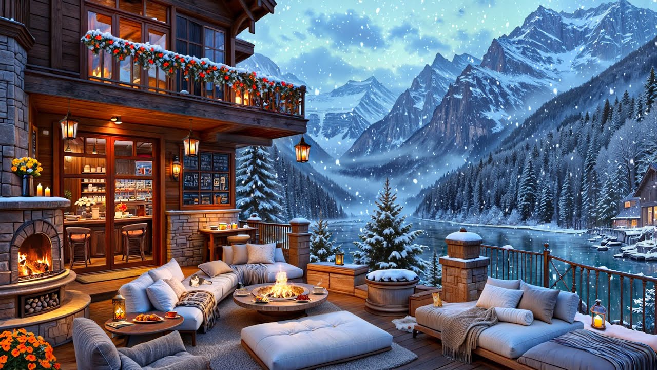 Warm Winter Season at Balcony Coffee Shop in the Mountains❄️Smooth Jazz Music & Snowy Scene for Work