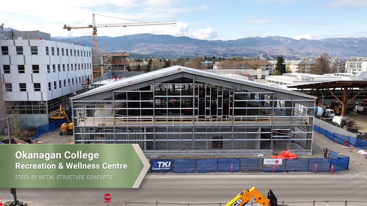 Aerial view of the completed steel frame with roof framing in place