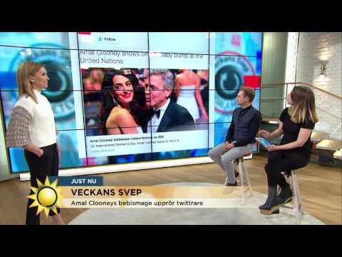 Amal Clooneys bebismage upprör twittrare - Nyhetsmorgon (TV4)