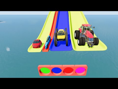 Funny Cars vs Portal Trap with Slide Color - Cars vs Rails and Trains - BeamNG.Drive