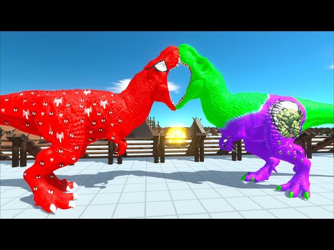 HULK T-REX vs DEADPOOL SPINOSAURUS vs SPIDERMAN T-REX DEATH RUN - Animal Revolt Battle Simulator