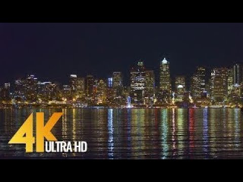4K UHD Seattle at Night - Urban Relax Video, View from Alki Beach Trail - 3 Hours
