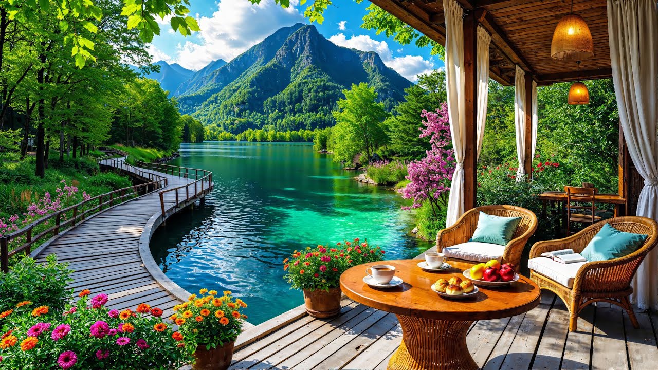 🌿 Lakeside Forest Café & Morning Jazz | Peaceful Lake View & Smooth Jazz Music for Study & Relax