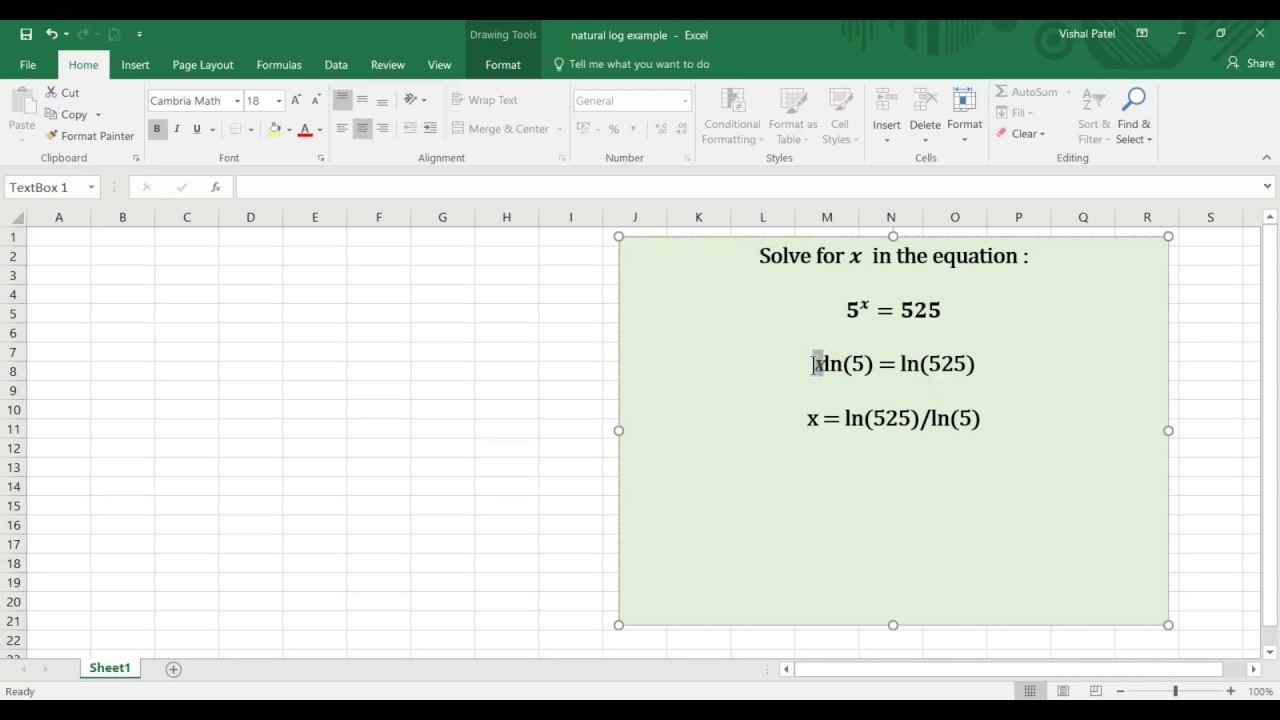 Natural Log Equation solved in Excel