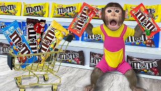 BuBu Monkey shopping buy M&M candy at Store and plays with Ducklings in the swimming pool
