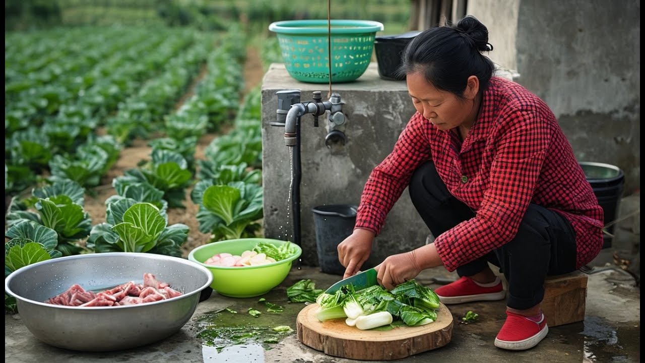 Simple Rural Meal - Stir-Fried Pork & Fresh Bok Choy Soup -  Bep Cua Ba